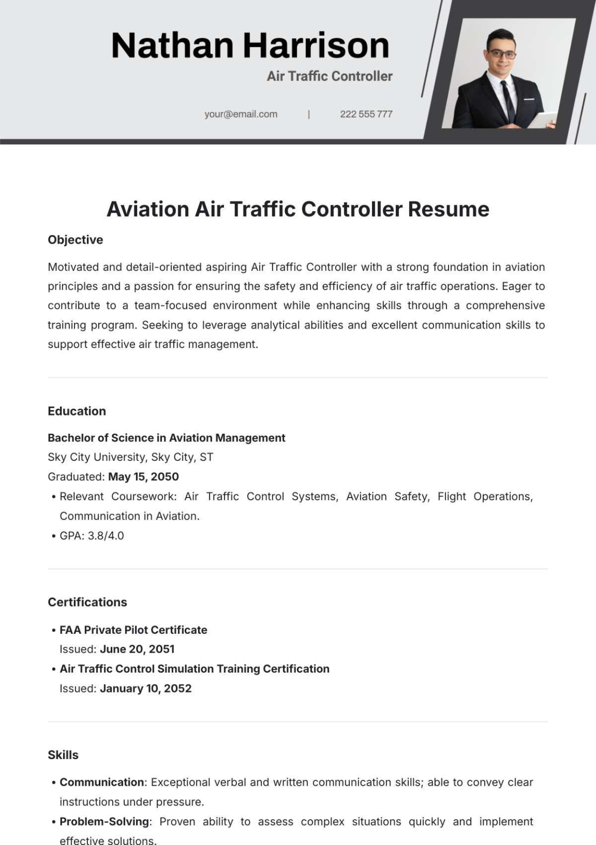 Aviation Air Traffic Controller Resume Template - Edit Online & Download