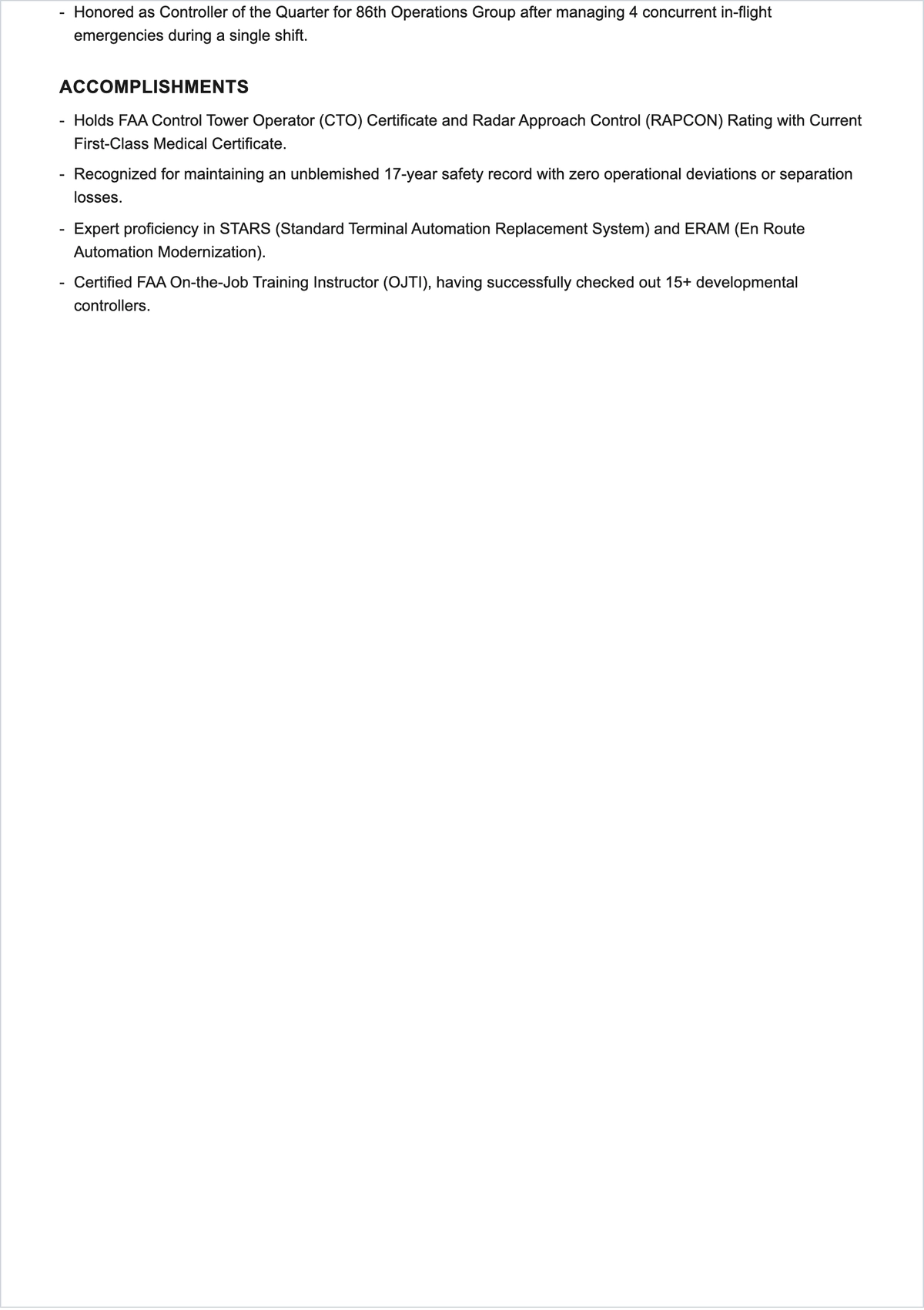 Free Aviation Air Traffic Controller ATS Resume Template