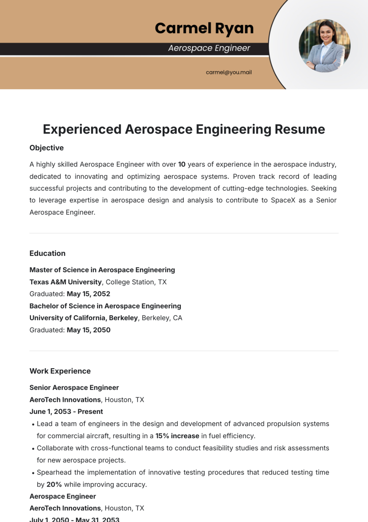 Experienced Aerospace Engineering Resume Template - Edit Online & Download