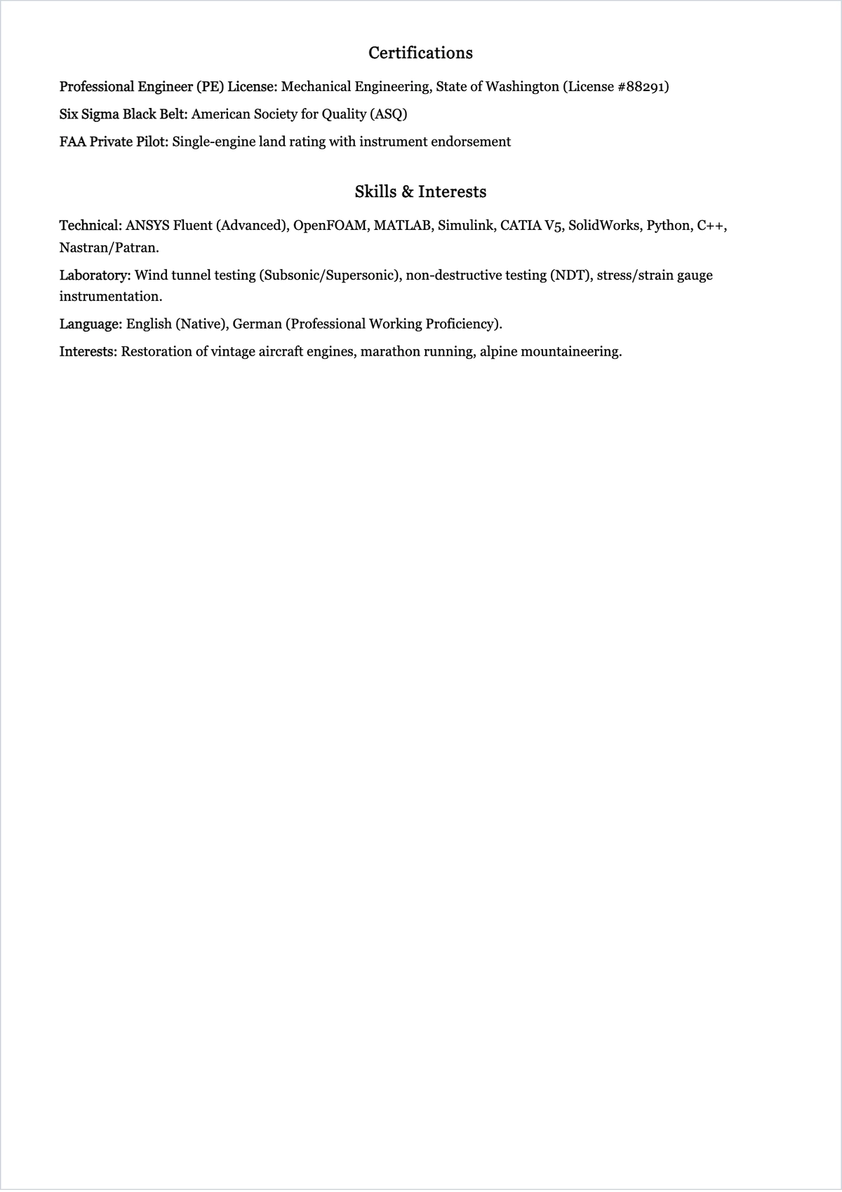 Free Experienced Aerospace Engineering ATS Resume Template
