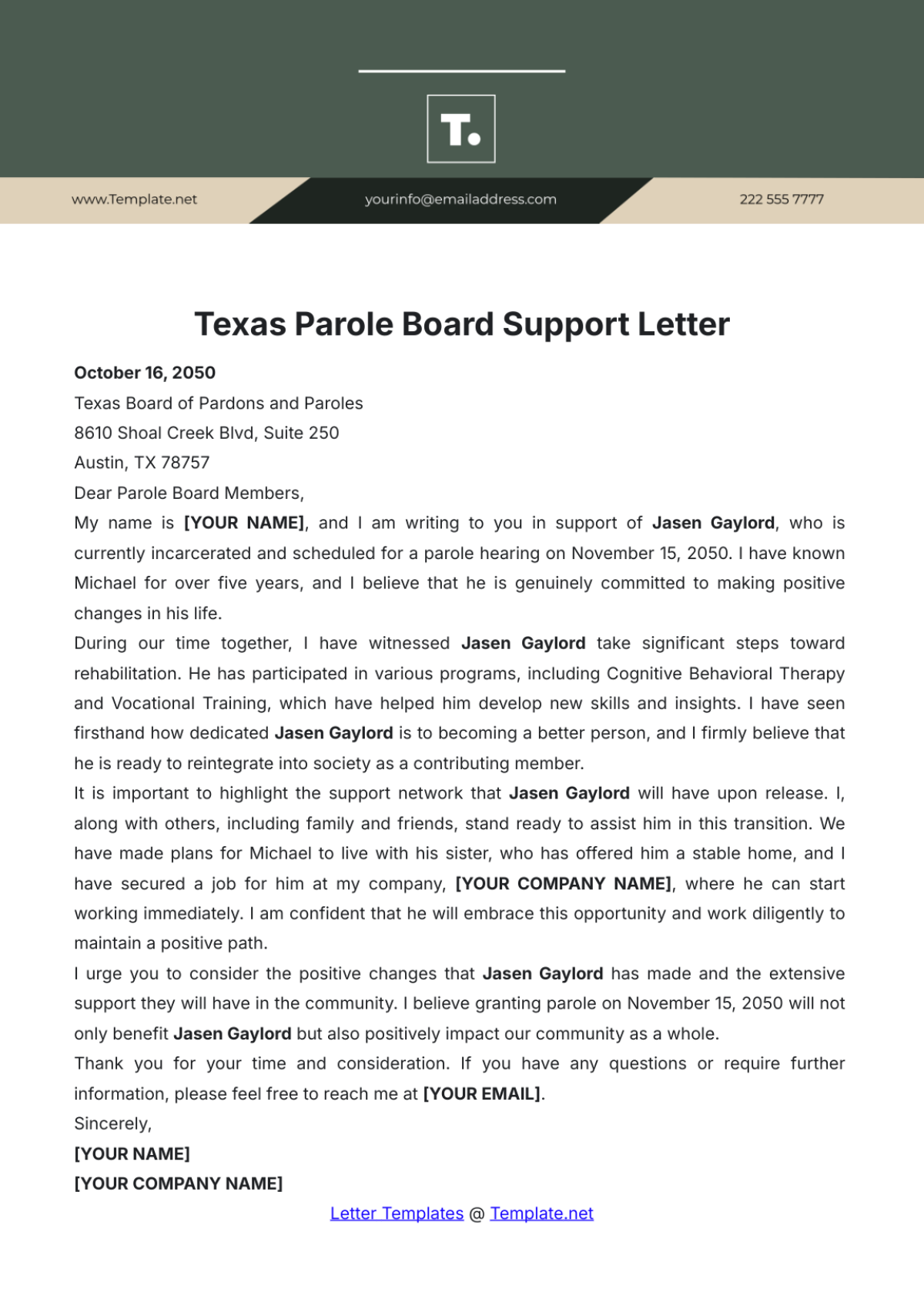 Texas Parole Board Support Letter Template