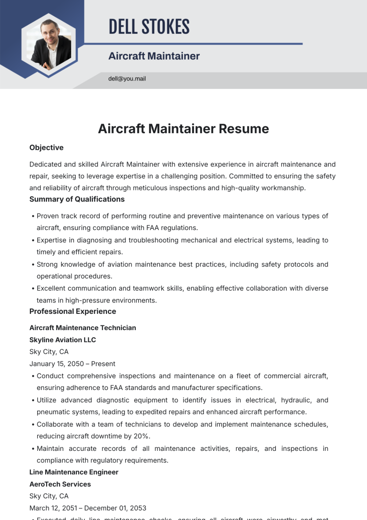 Aircraft Maintainer Resume Template - Edit Online & Download