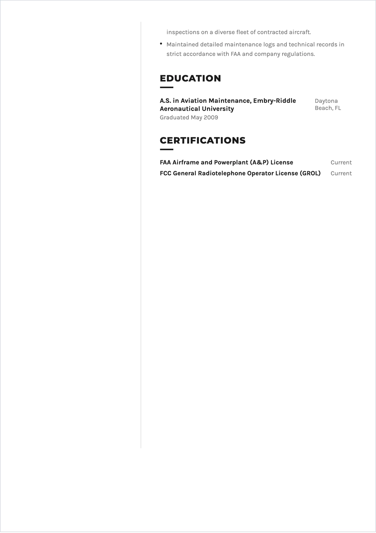 Free Aircraft Maintainer ATS Resume Template, AI Resume Builder