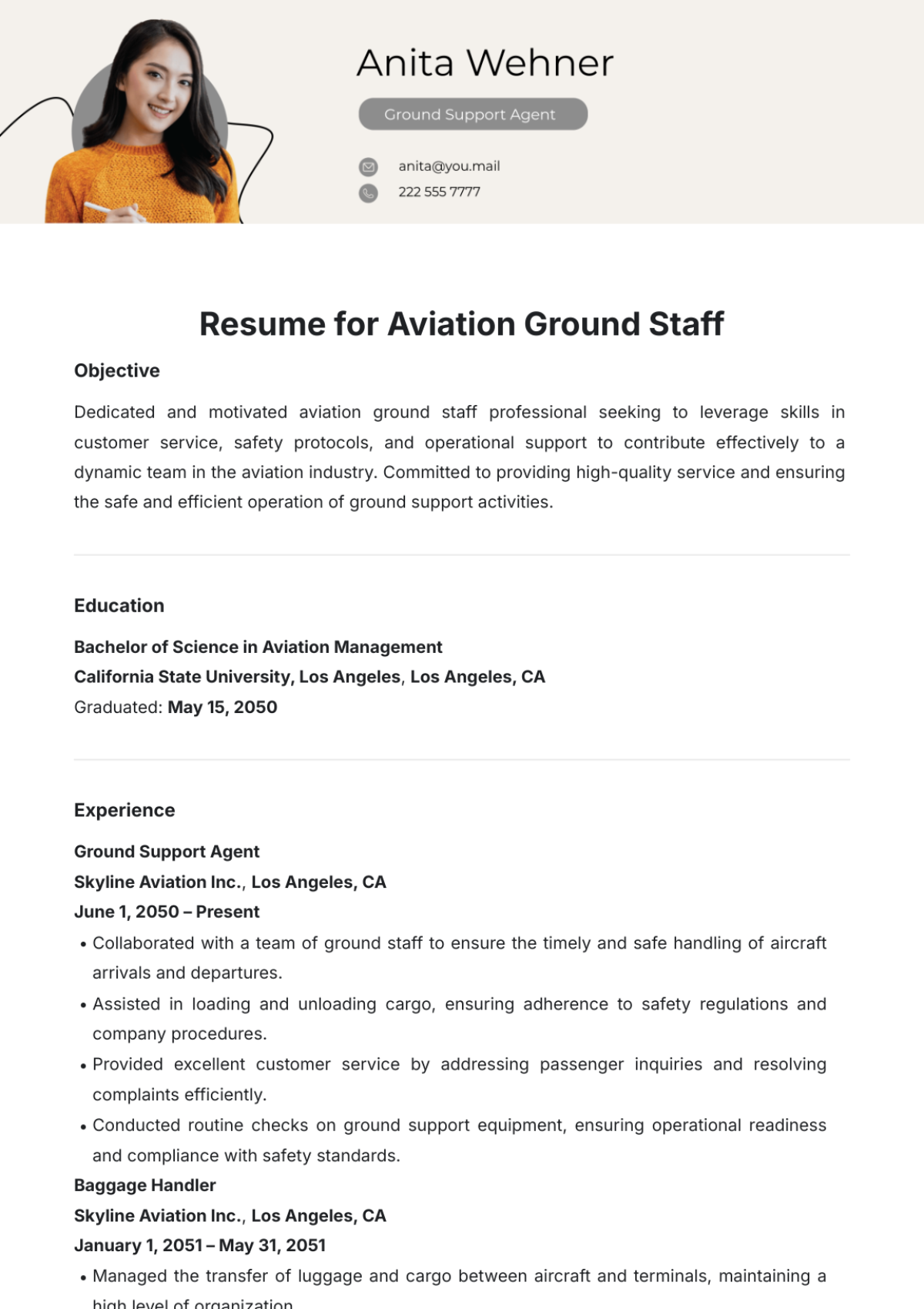 Resume for Aviation Ground Staff Template - Edit Online & Download