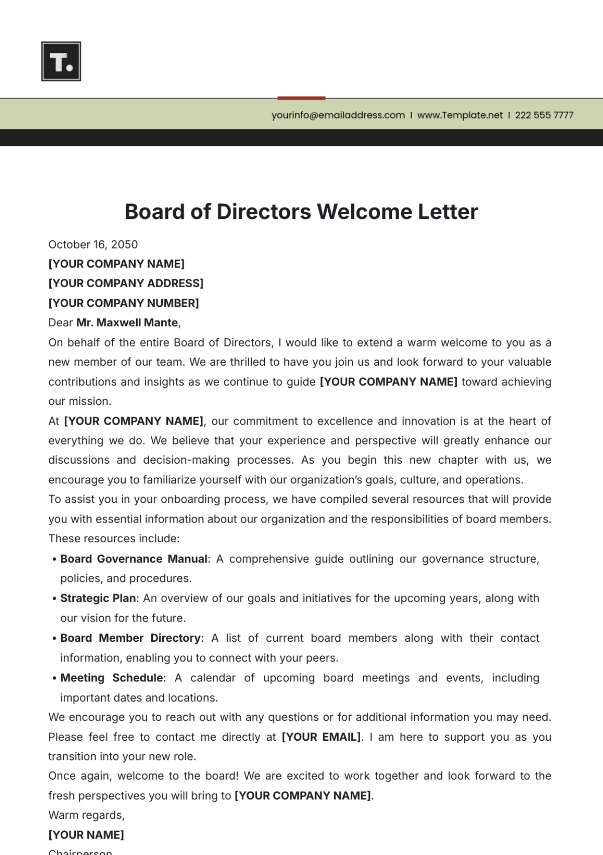 Board of Directors Welcome Letter Template - Edit Online & Download