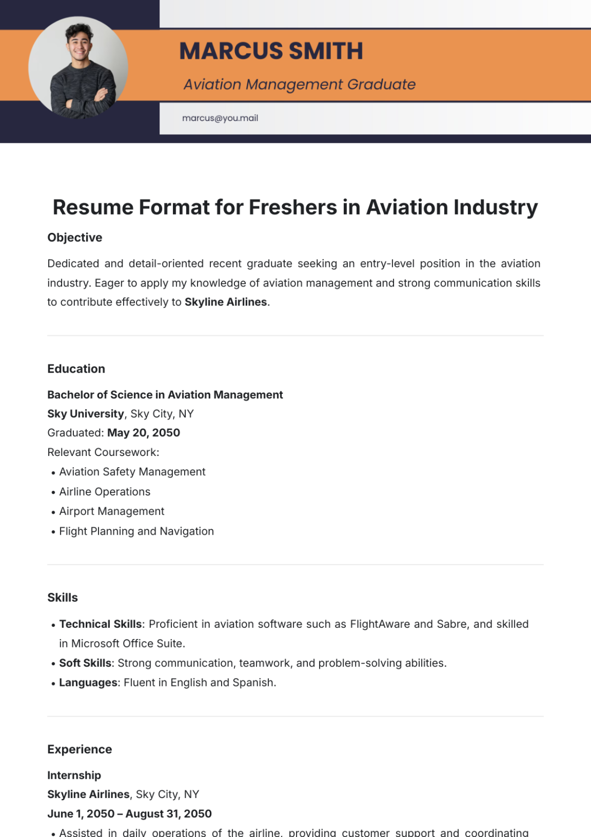 Resume Format Template for Freshers in Aviation Industry - Edit Online & Download