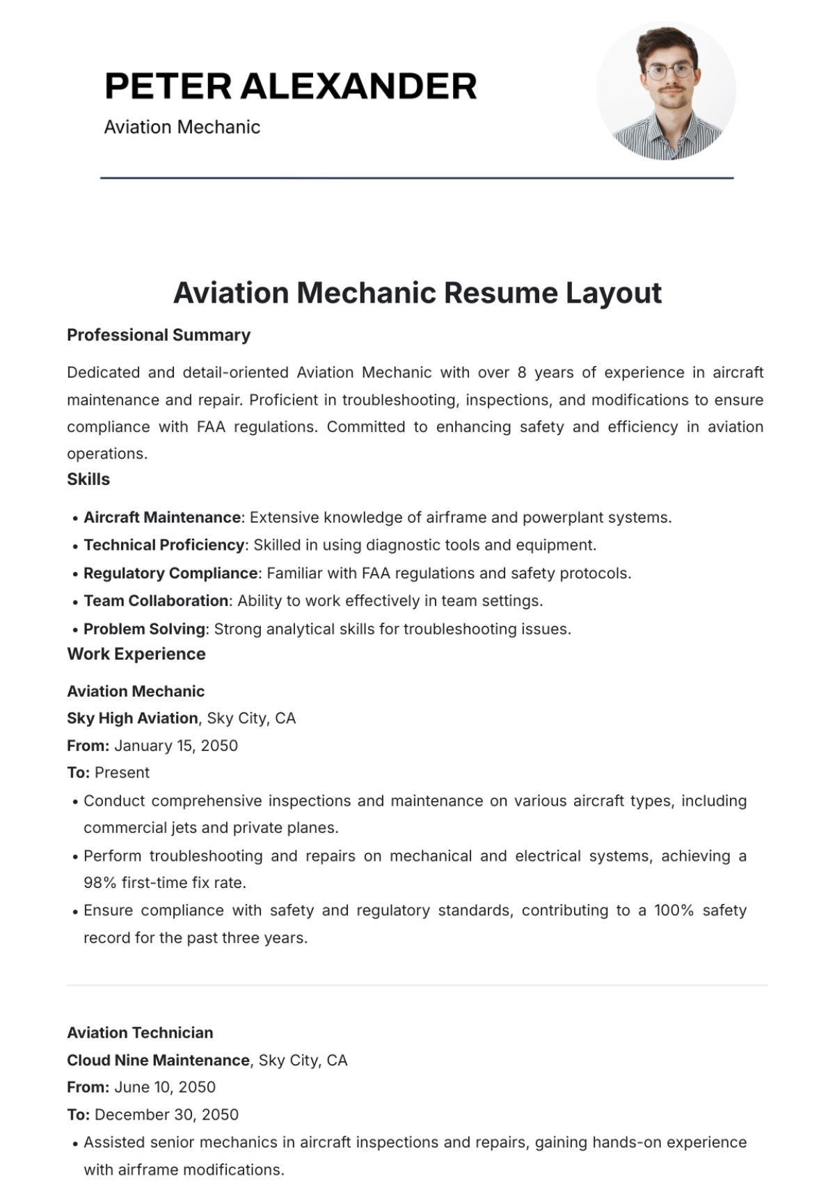 Aviation Mechanic Resume Layout Template - Edit Online & Download