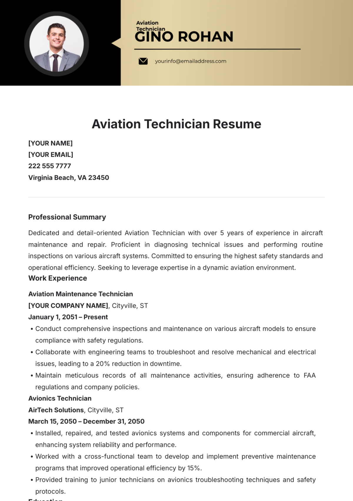 Aviation Technician Resume Template - Edit Online & Download