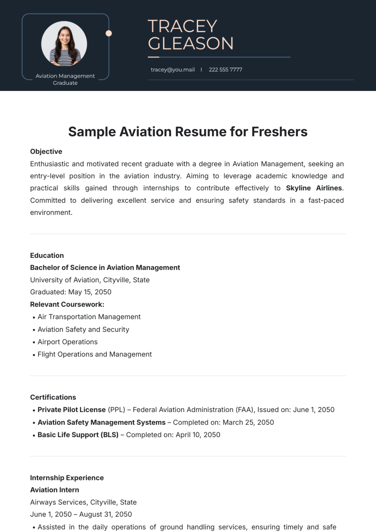 Sample Aviation Resume for Freshers Template - Edit Online & Download