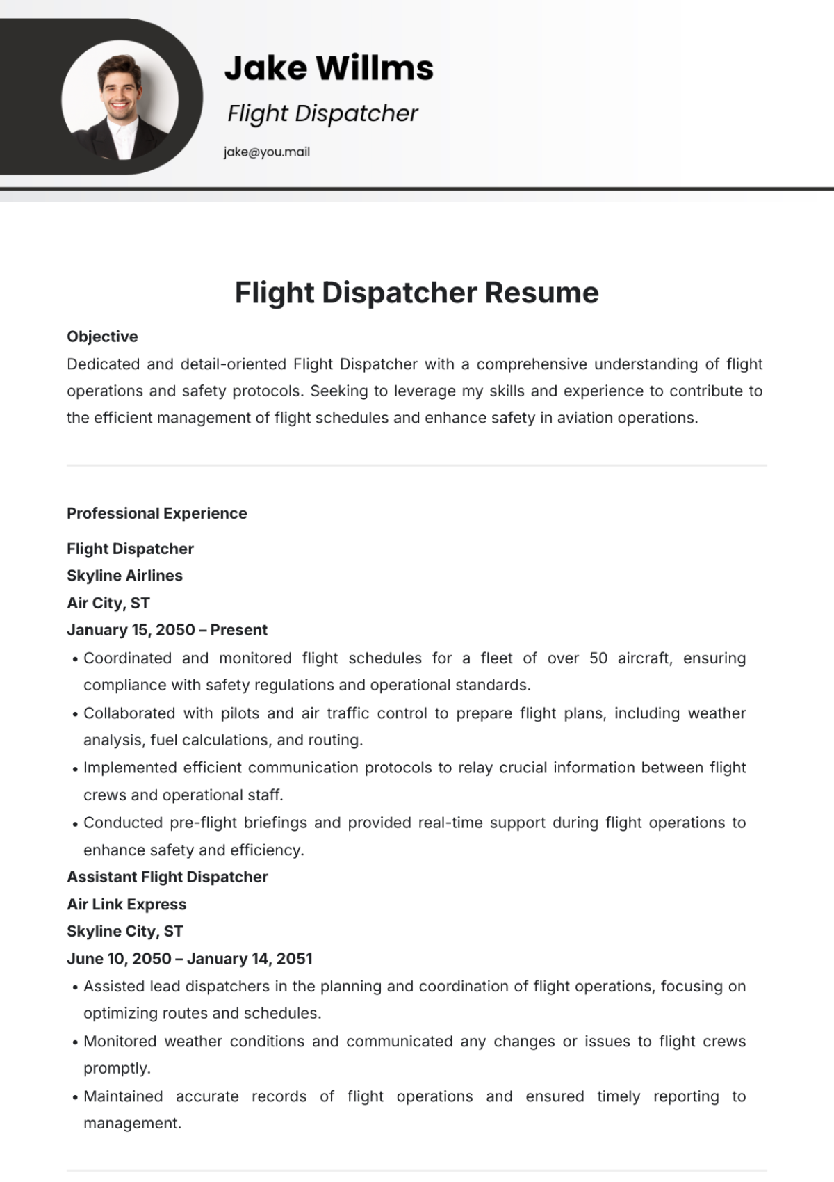 Flight Dispatcher Resume Template - Edit Online & Download