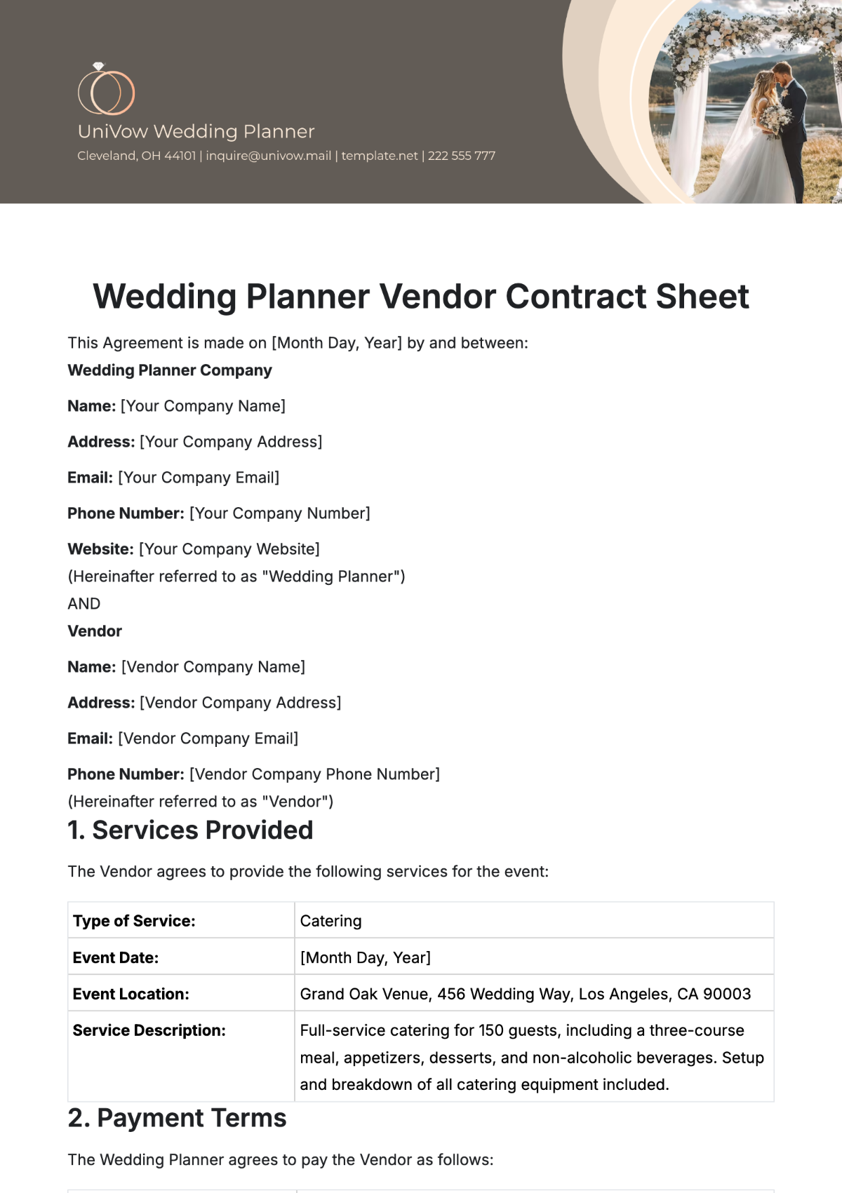 Wedding Planner Vendor Contract Sheet Template - Edit Online & Download