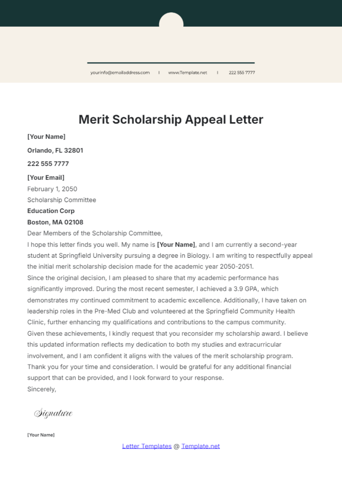 Free Merit Scholarship Appeal Letter Template - Edit Online & Download ...