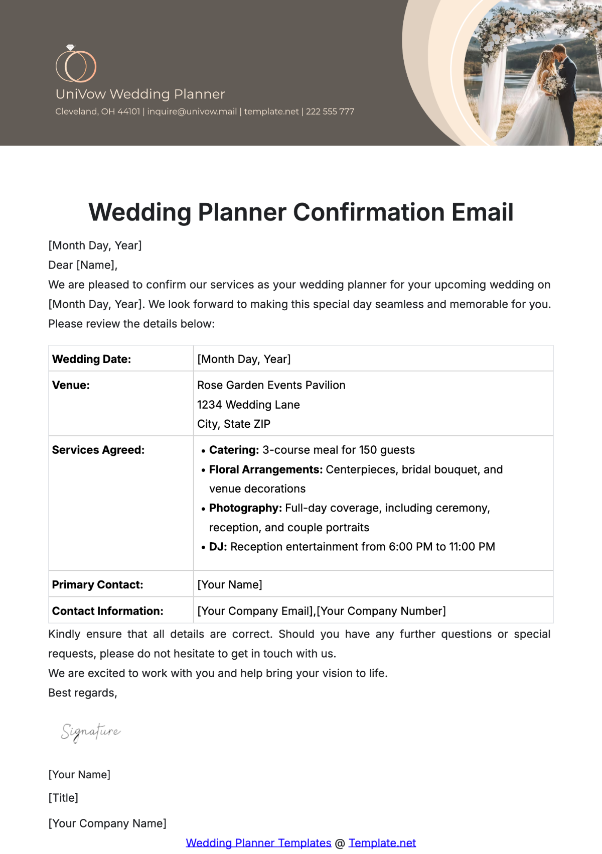 Wedding Planner Confirmation Email Template - Edit Online & Download