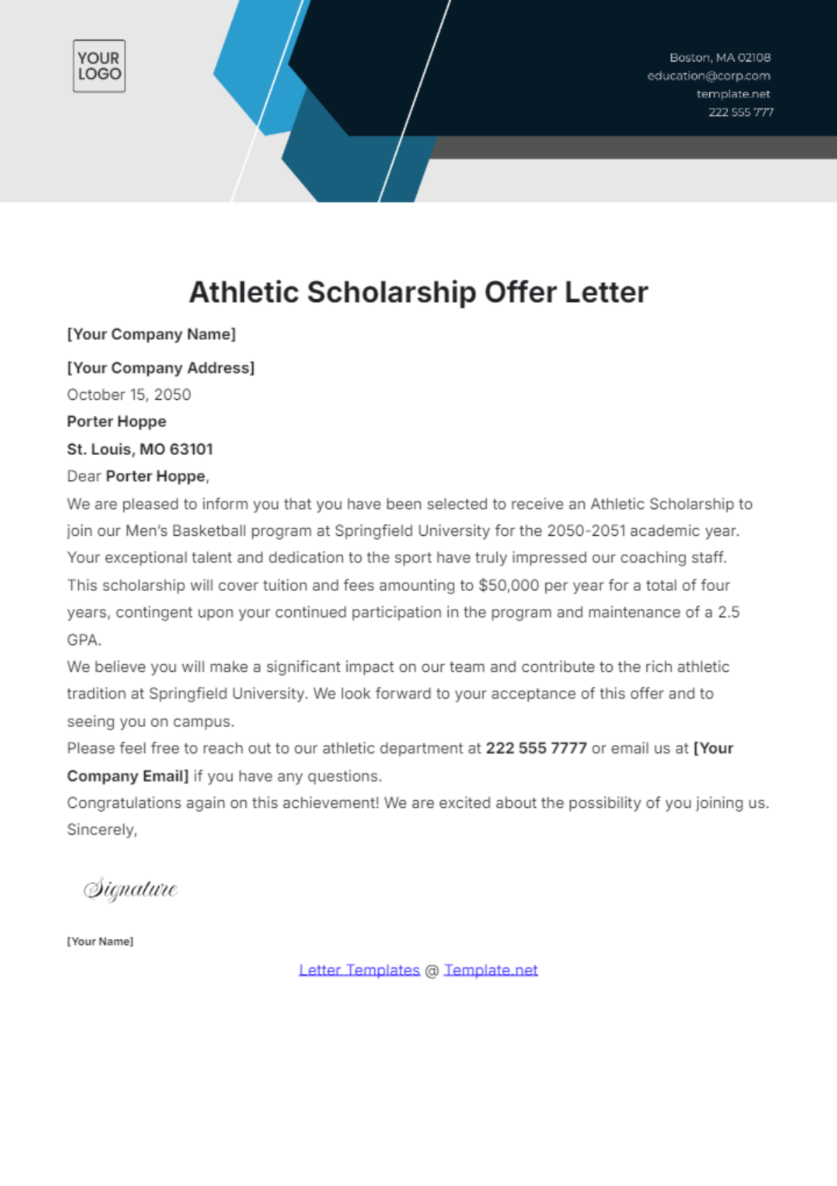 Athletic Scholarship Offer Letter Template - Edit Online & Download