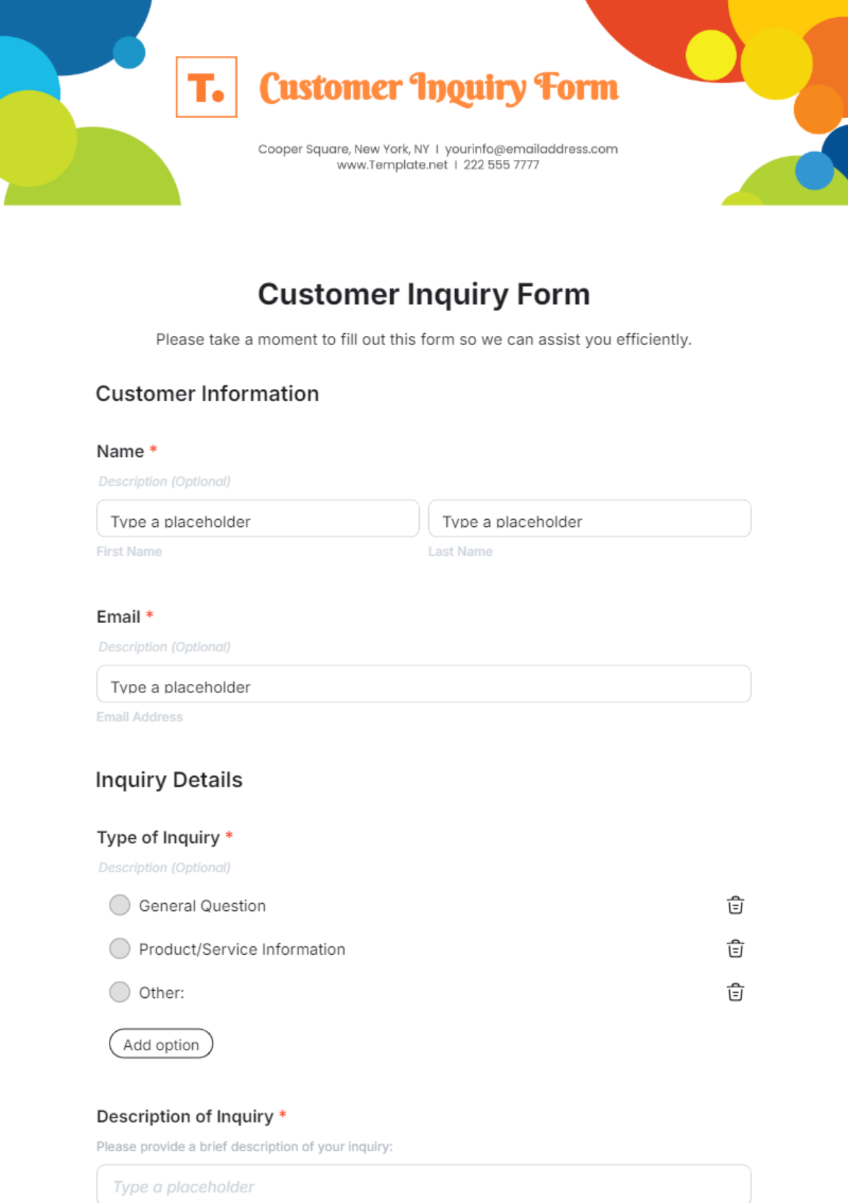 Customer Inquiry Form Template