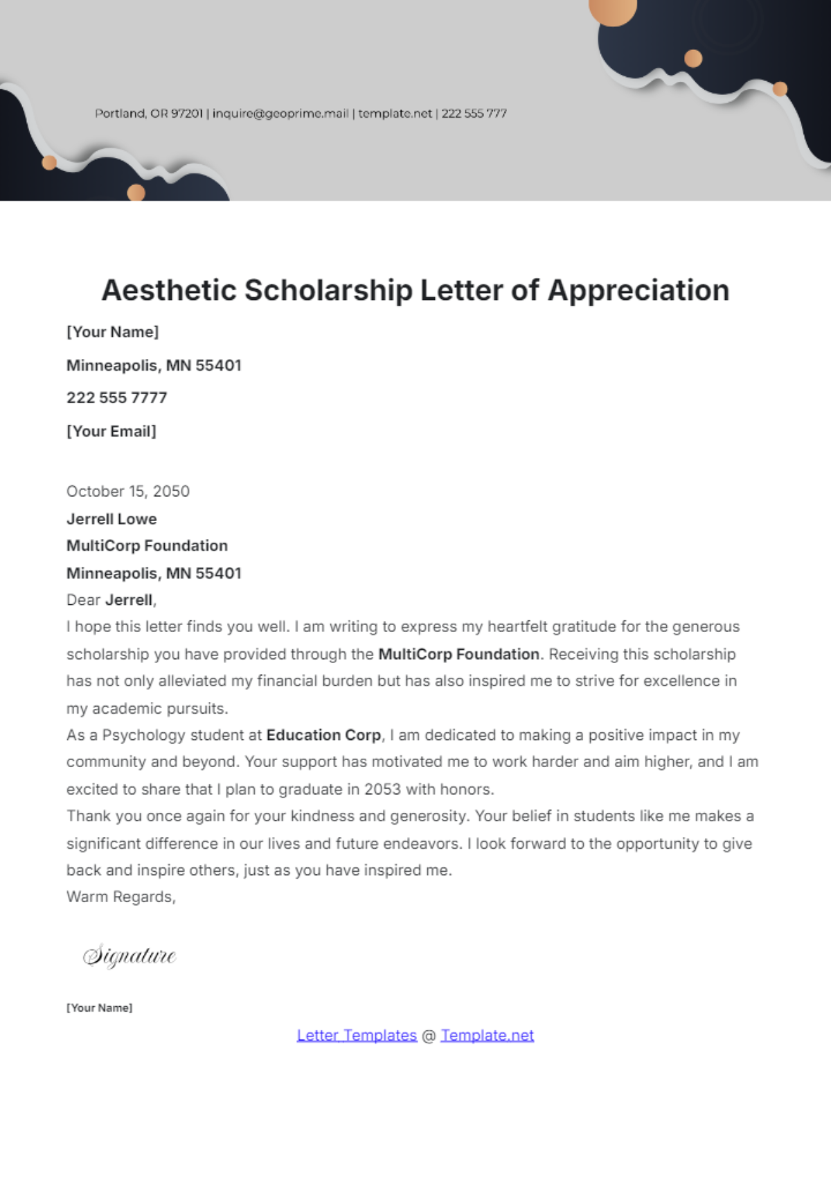 Aesthetic Scholarship Letter of Appreciation Template - Edit Online & Download