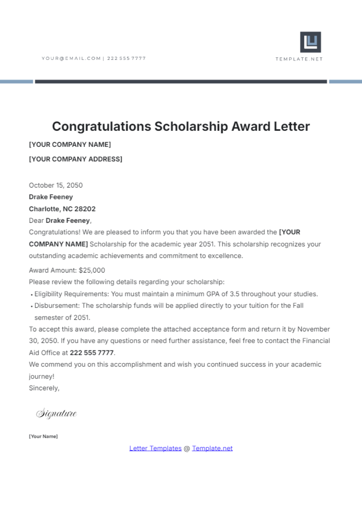 Congratulations Scholarship Award Letter Template - Edit Online & Download