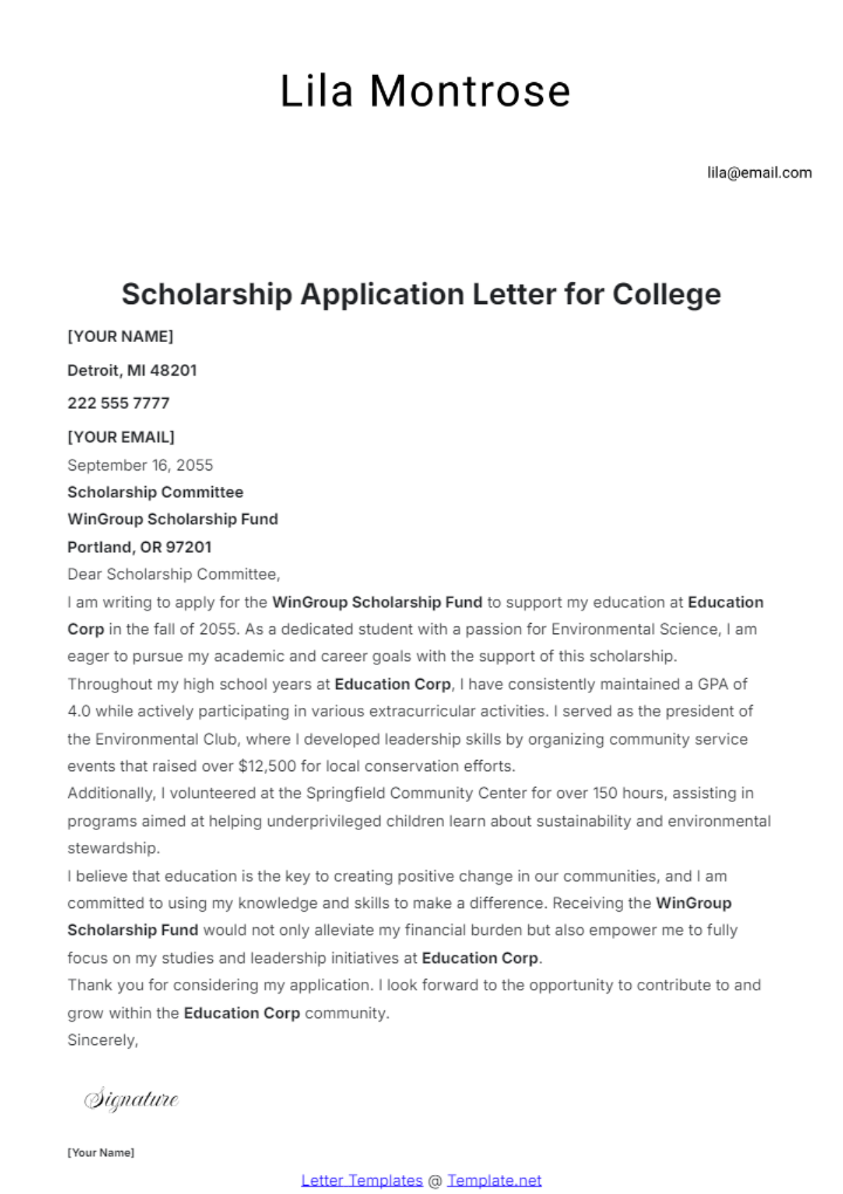 Scholarship Application Letter for College Template - Edit Online & Download