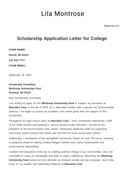 Free Scholarship Application Letter for College Template to Edit Online