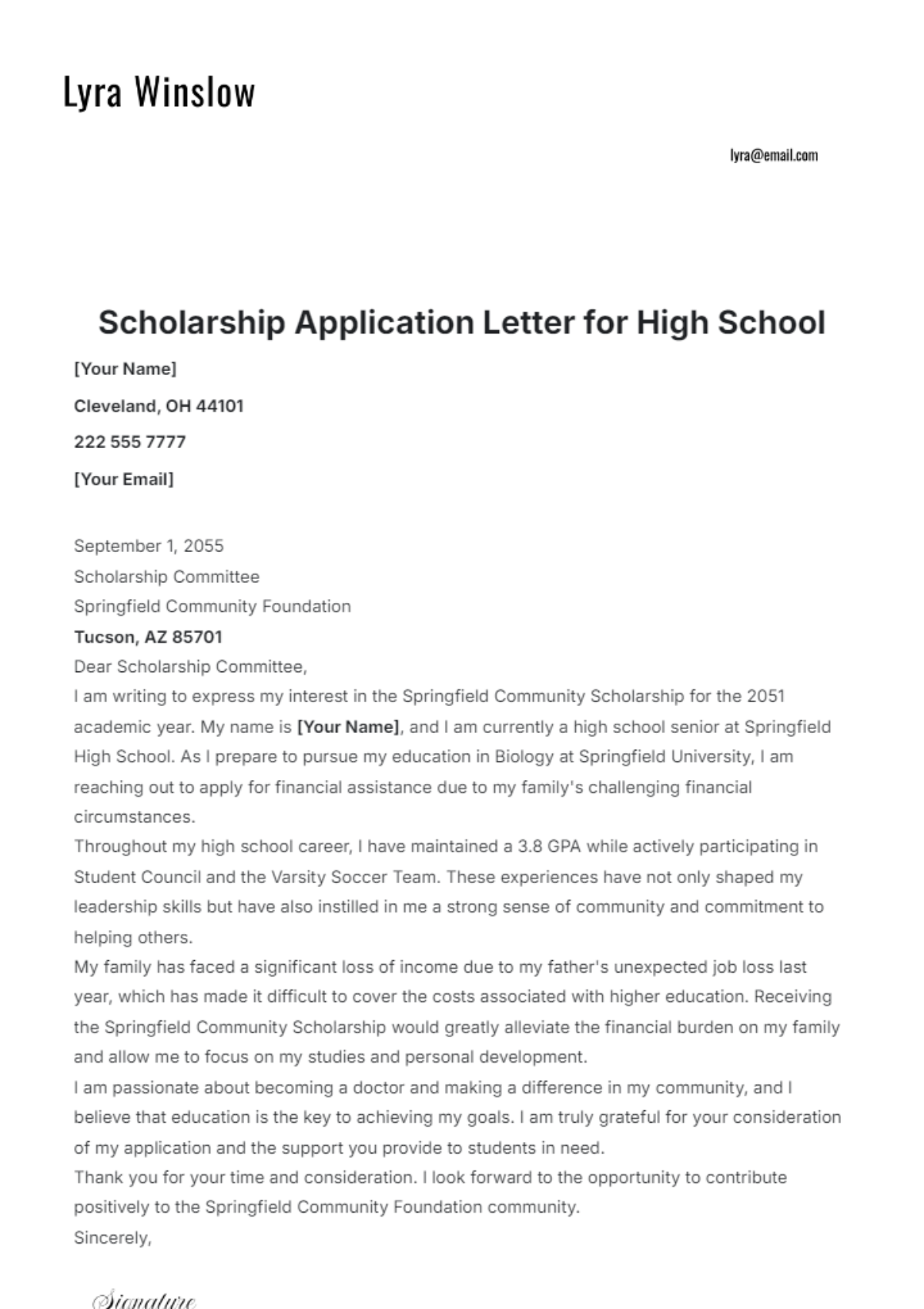 Scholarship Application Letter for High School Template - Edit Online & Download