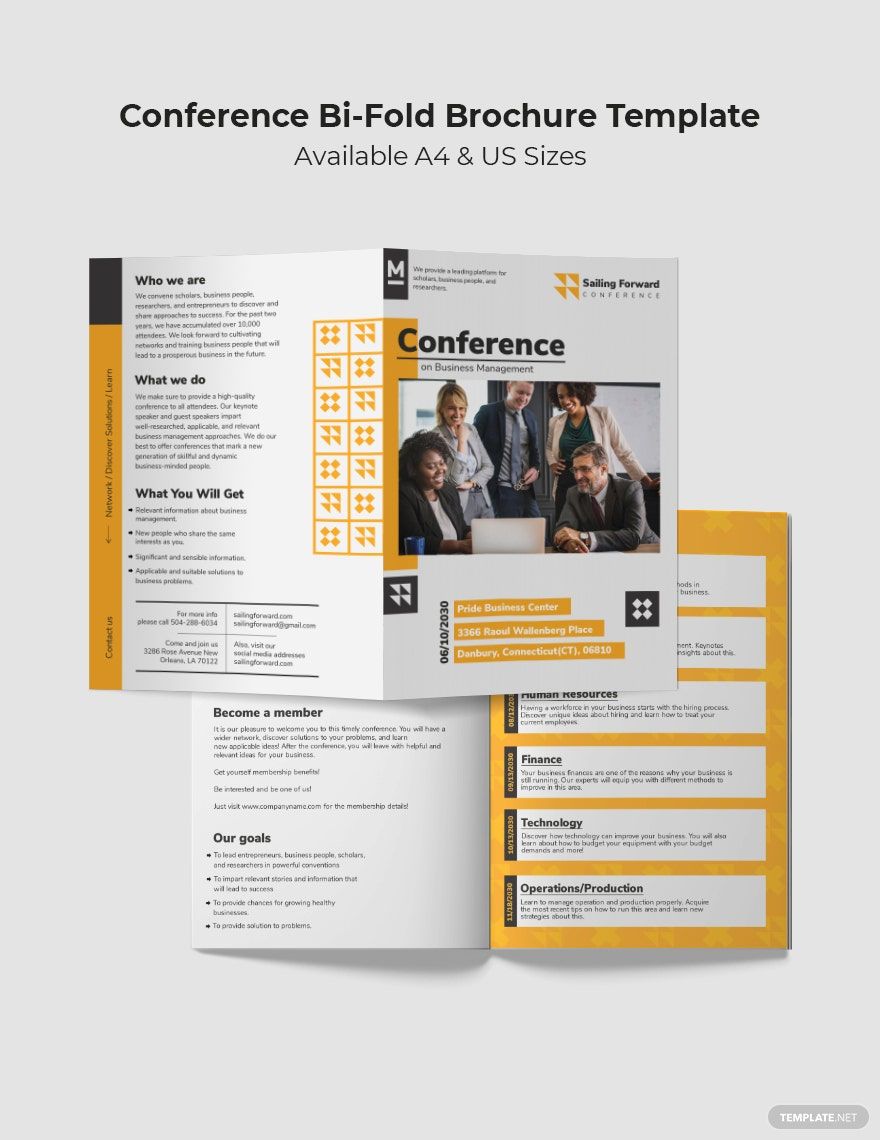 Free Sample Conference Bi-Fold Brochure Template in Word, Google Docs, Illustrator, PSD, Apple Pages, Publisher, InDesign