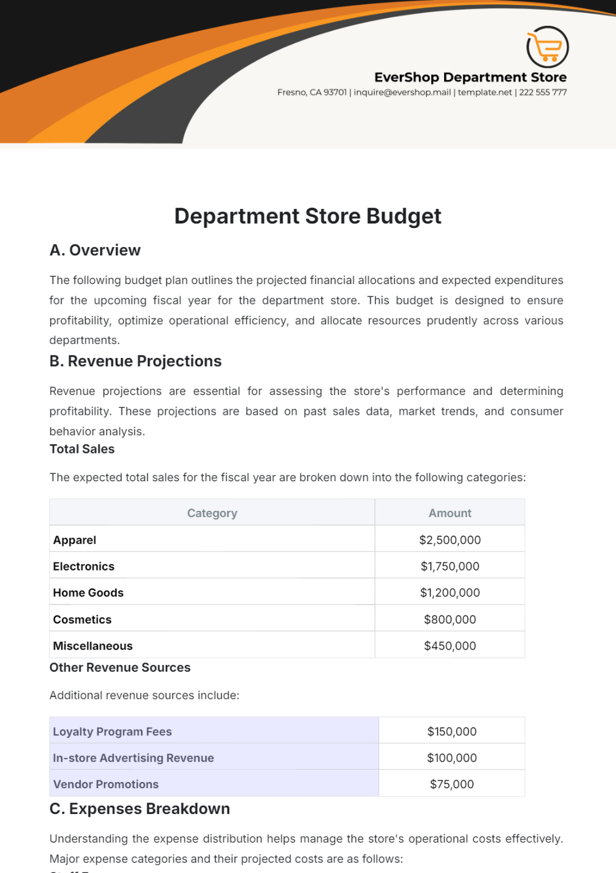 Department Store Budget Template - Edit Online & Download