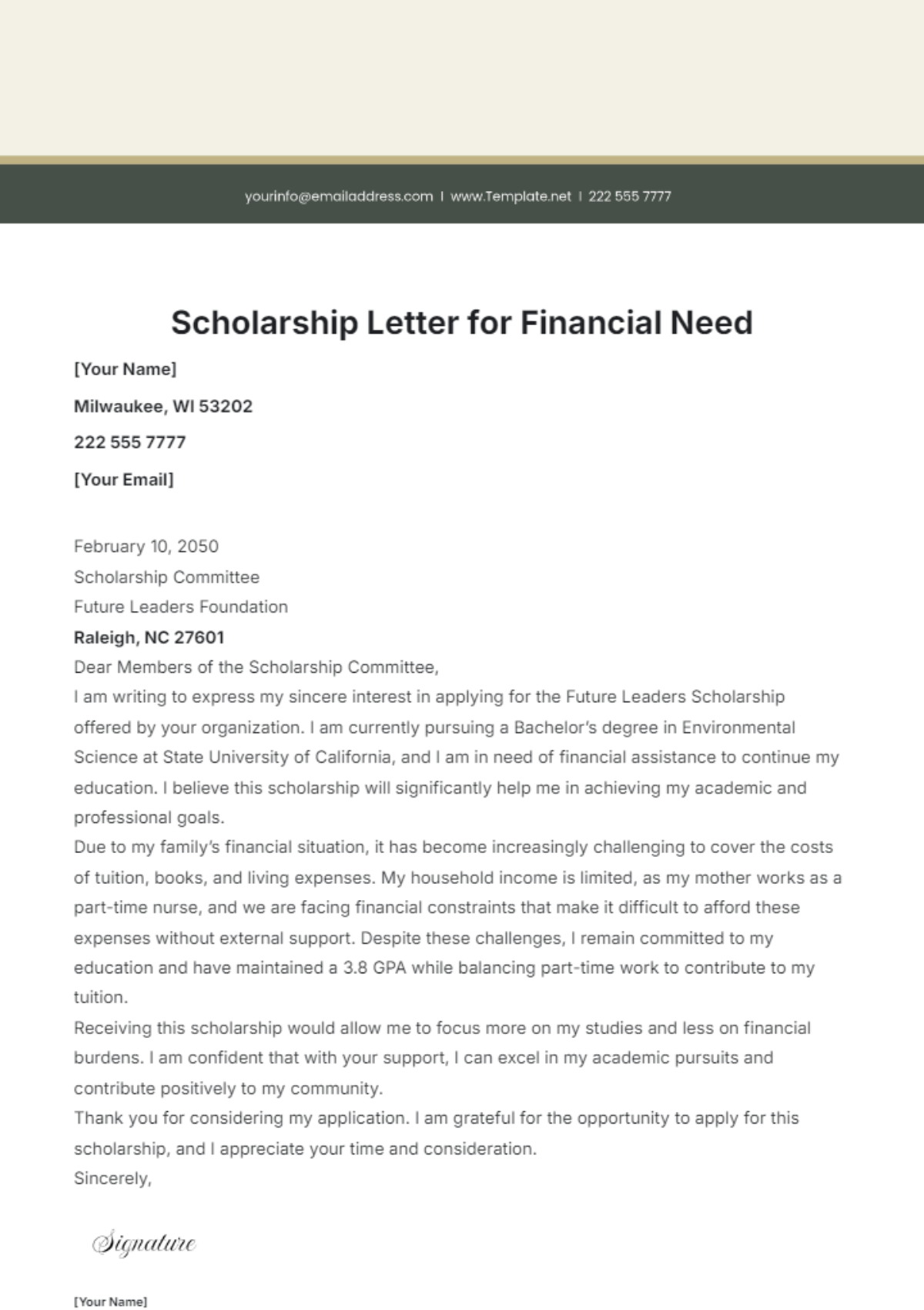 Scholarship Letter Template for Financial Need - Edit Online & Download