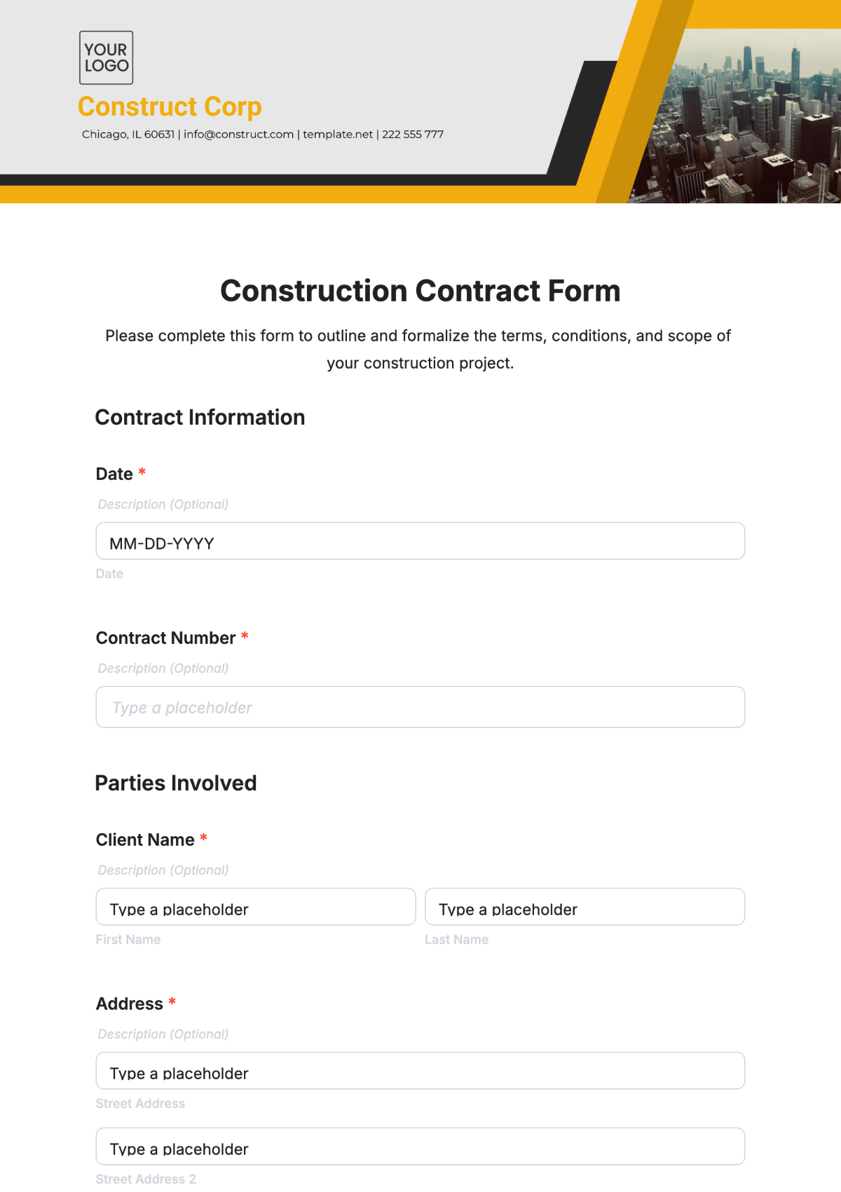 Free Construction Contract Templates Editable And Printable Free Construction Contract Templates Editable And Printable