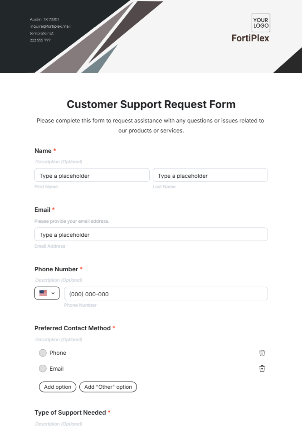 Customer Support Request Form Template - Edit Online & Download