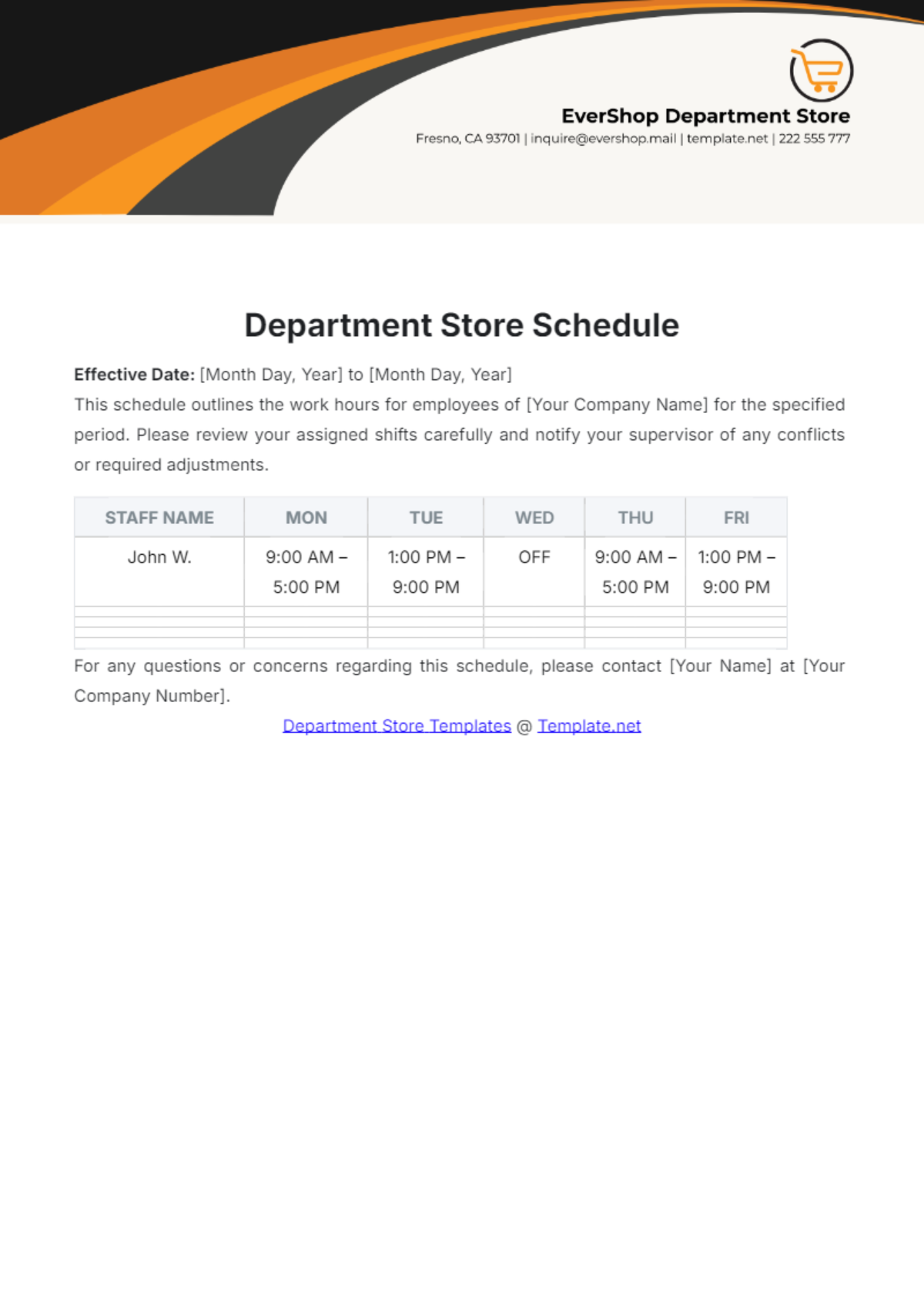 Department Store Schedule Template - Edit Online & Download