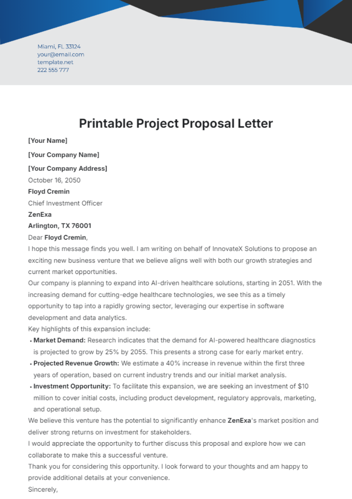 Printable Project Proposal Letter Template - Edit Online & Download