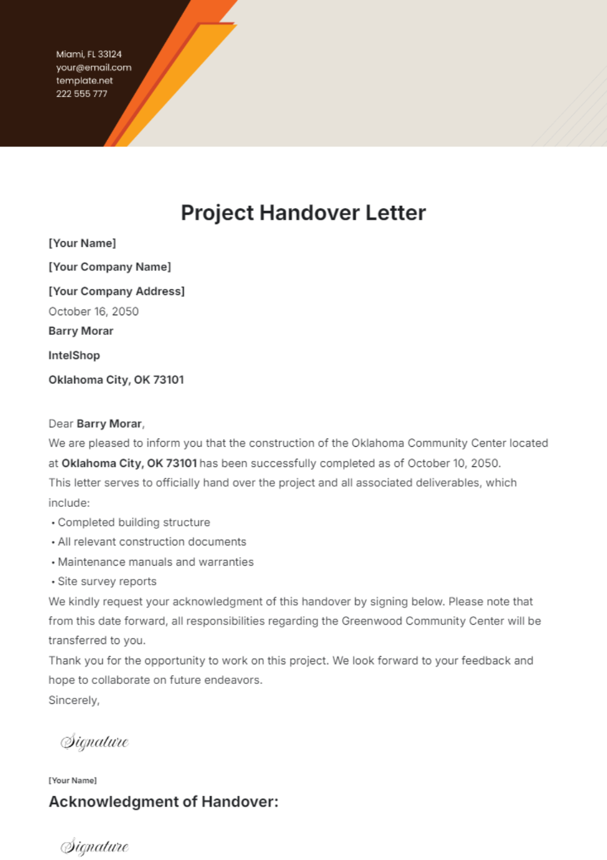 Project Handover Letter Template - Edit Online & Download