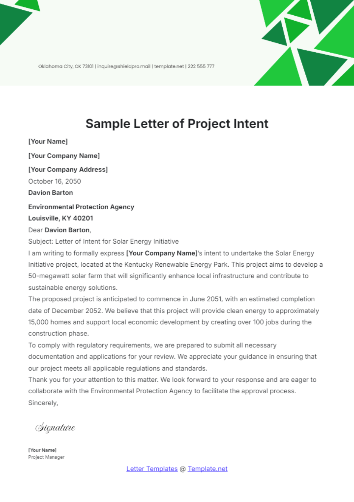 Sample Letter of Project Intent Template - Edit Online & Download