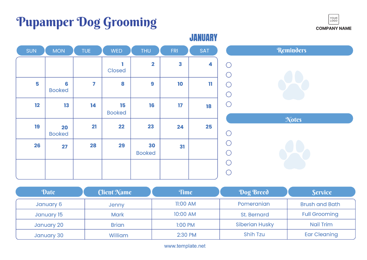 Dog Grooming Calendar