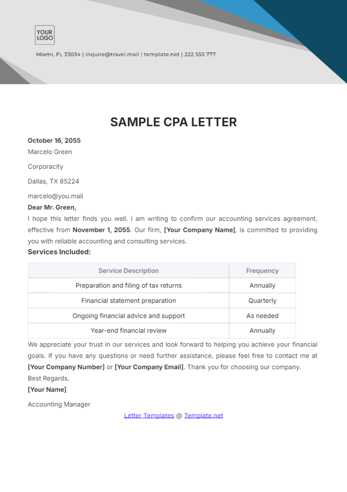 Free Sample CPA Letter Template to Edit Online