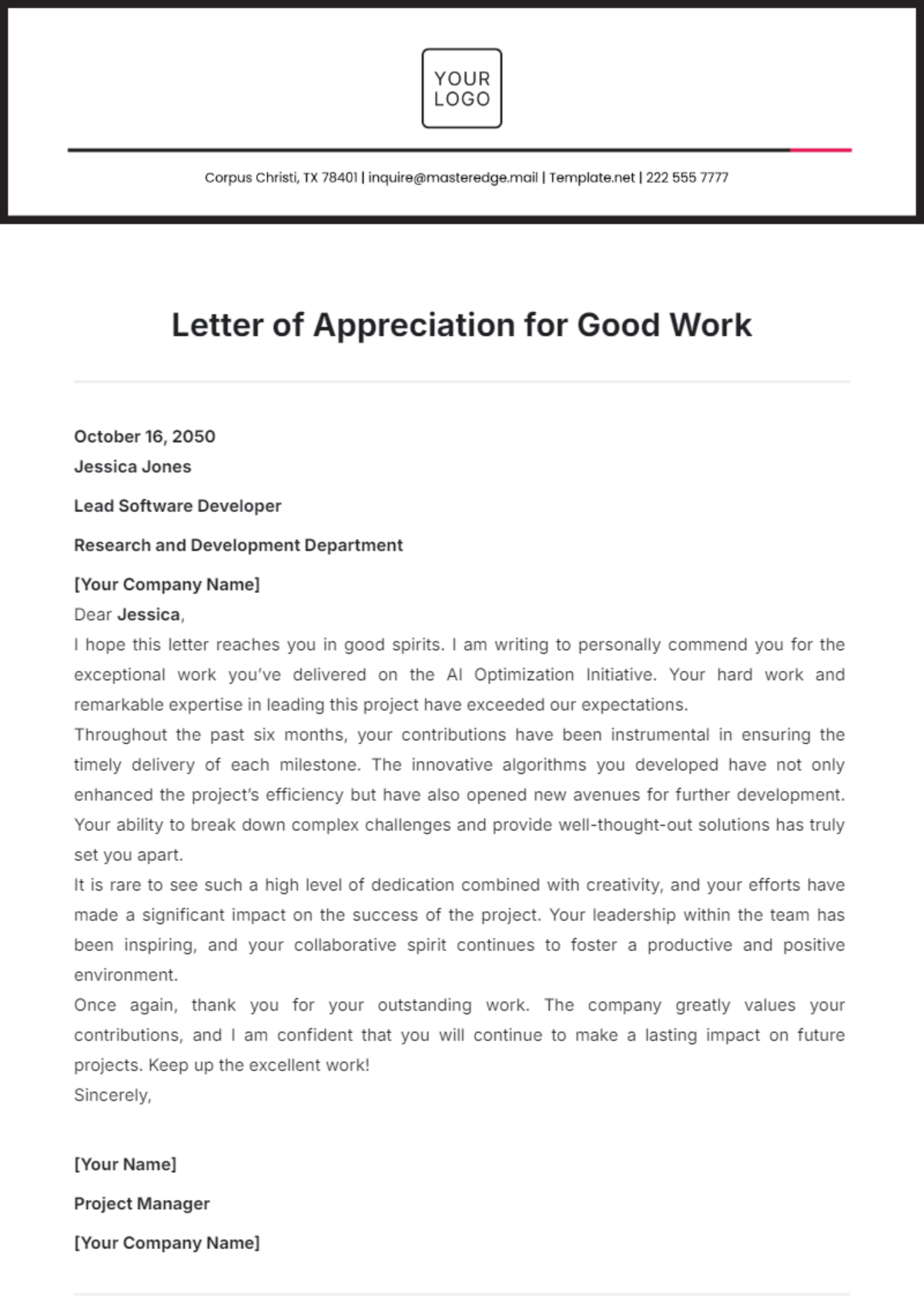 Letter of Appreciation for Good Work Template - Edit Online & Download