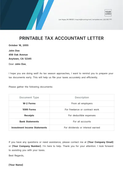 Free Printable Tax Accountant Letter Template to Edit Online