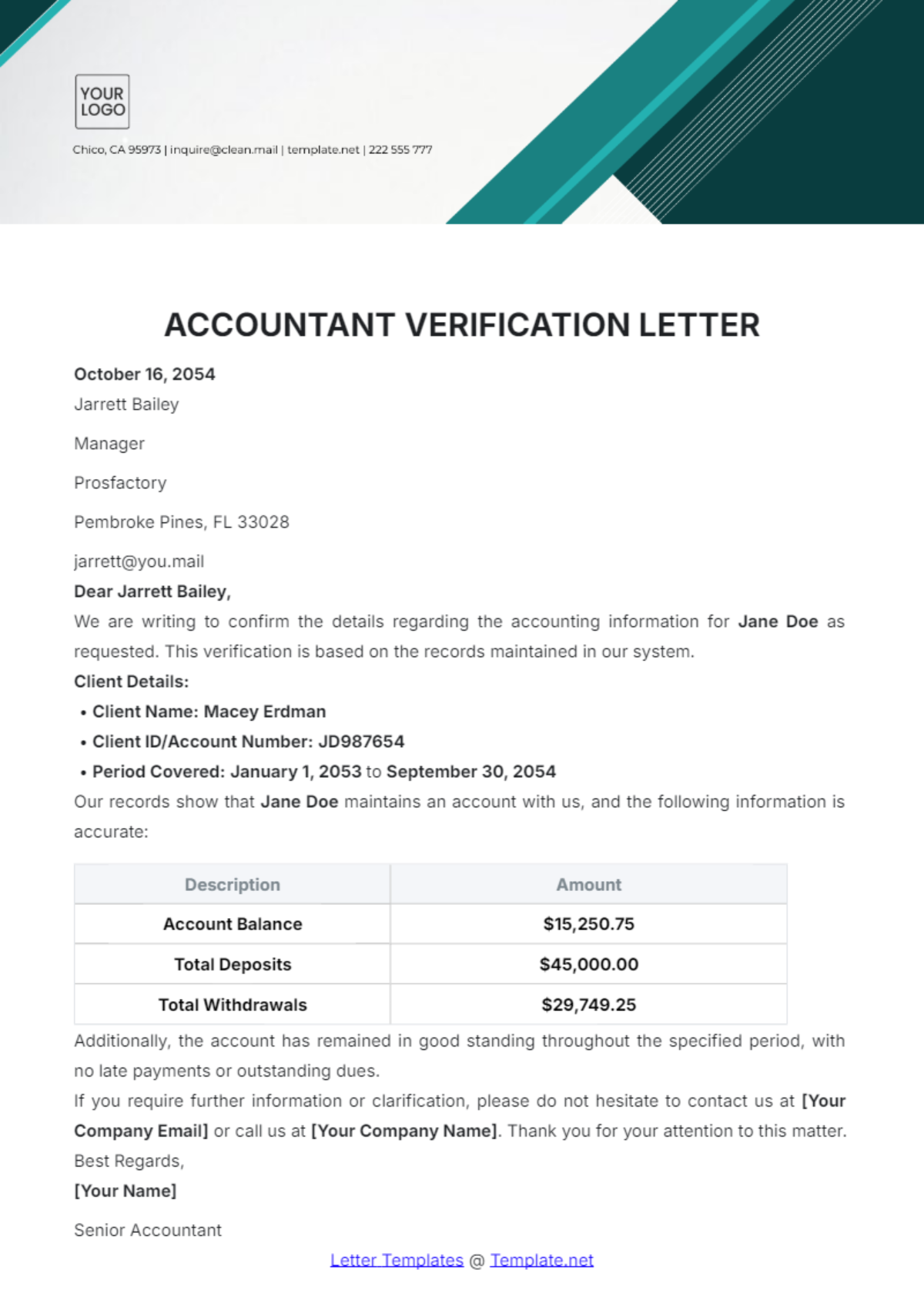 Accountant Verification Letter Template - Edit Online & Download