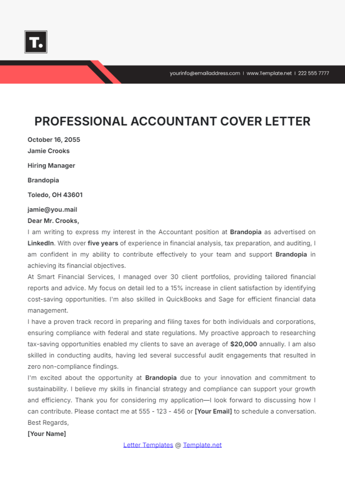 Professional Accountant Cover Letter Template - Edit Online & Download