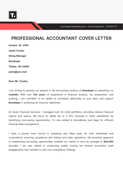 Free Professional Accountant Cover Letter Template to Edit Online