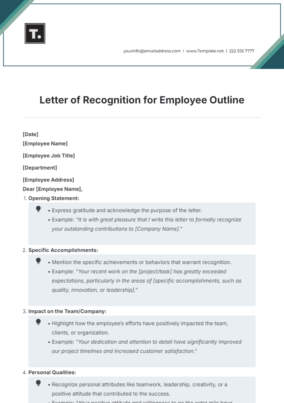 Letter of Recognition for Employee Outline Template - Edit Online & Download