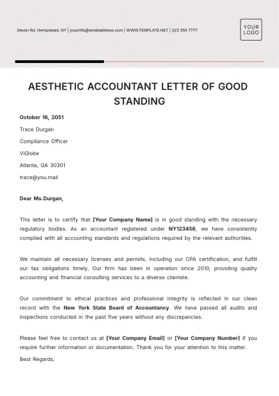 Free Aesthetic Accountant Letter of Good Standing Template to Edit Online