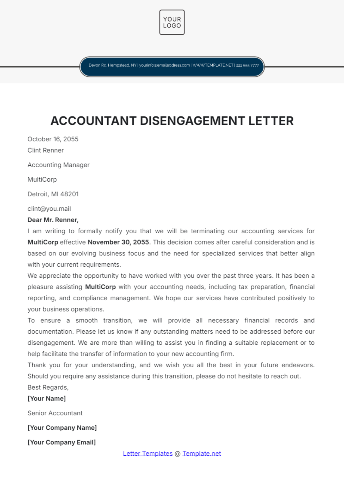 Accountant Disengagement Letter Template - Edit Online & Download