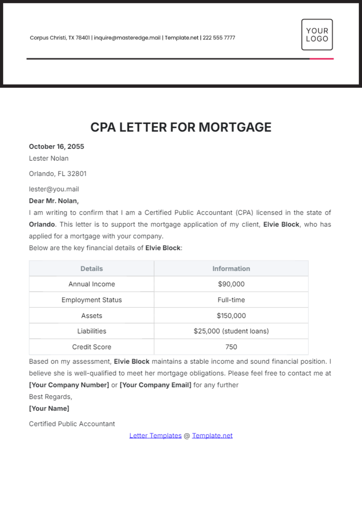 CPA Letter for Mortgage Template