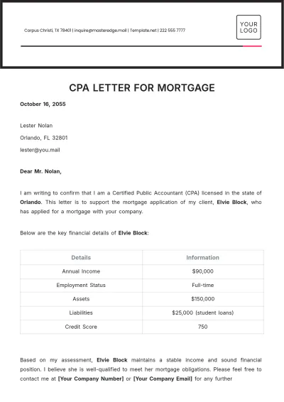 Free CPA Letter for Mortgage Template to Edit Online