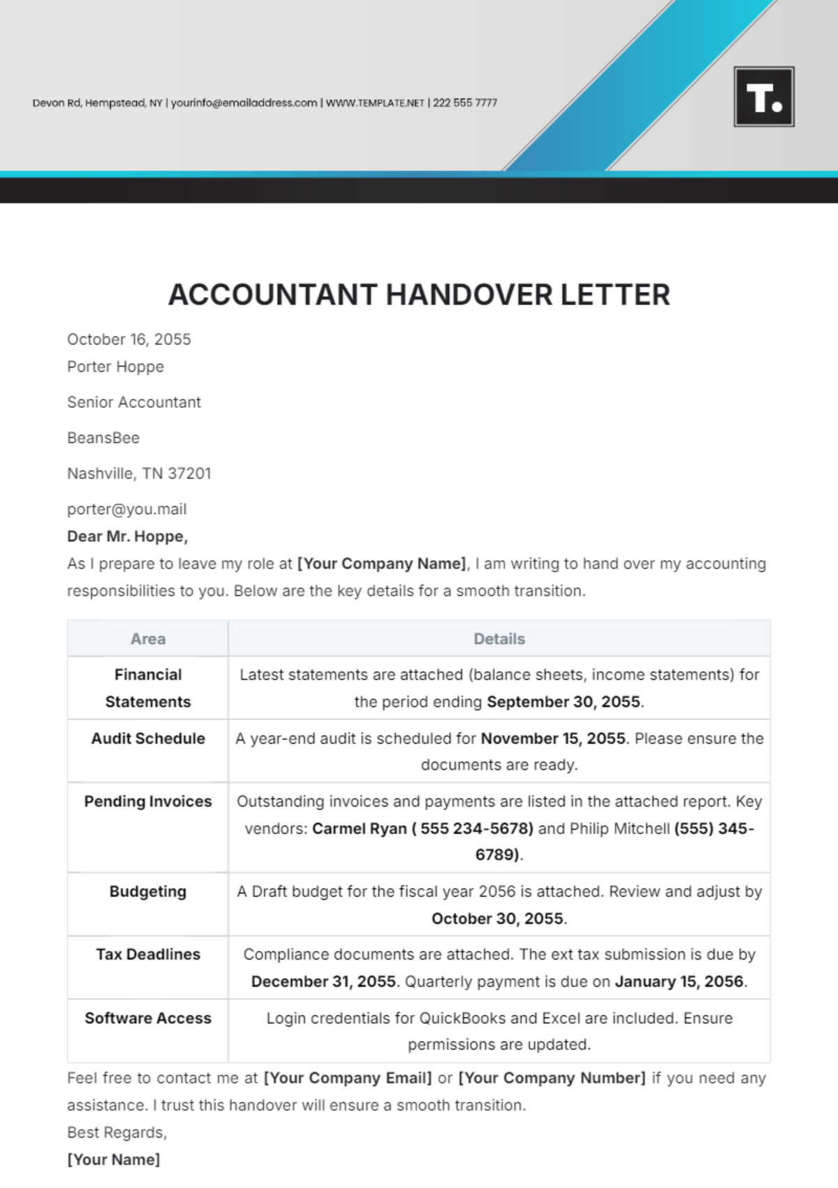 Accountant Handover Letter Template - Edit Online & Download