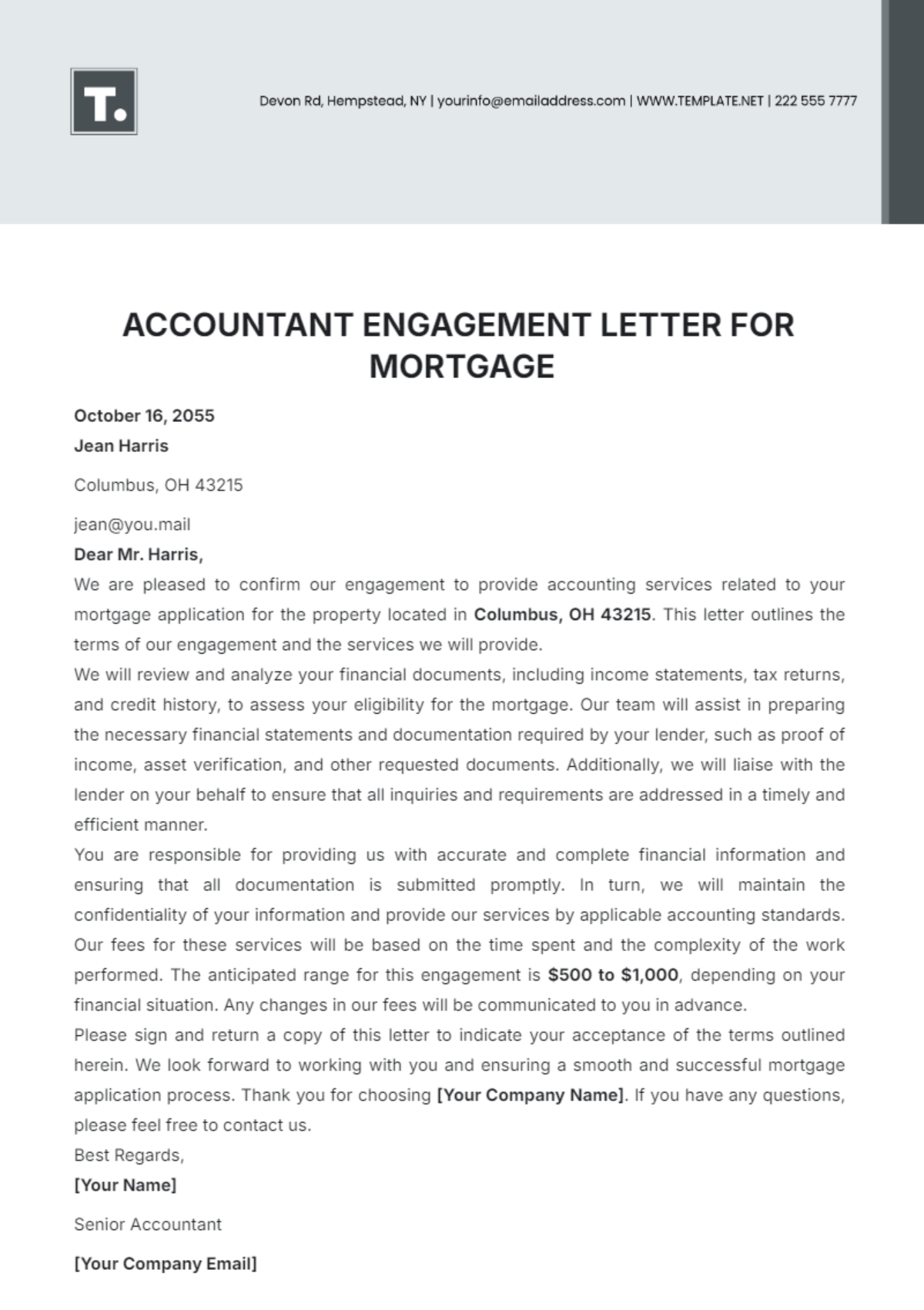 Accountant Engagement Letter for Mortgage Template - Edit Online & Download