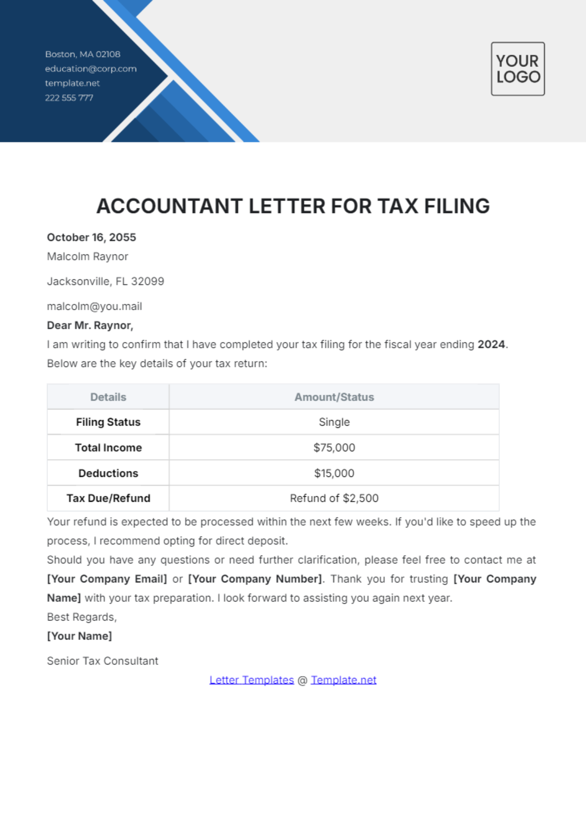 Accountant Letter for Tax Filing Template - Edit Online & Download