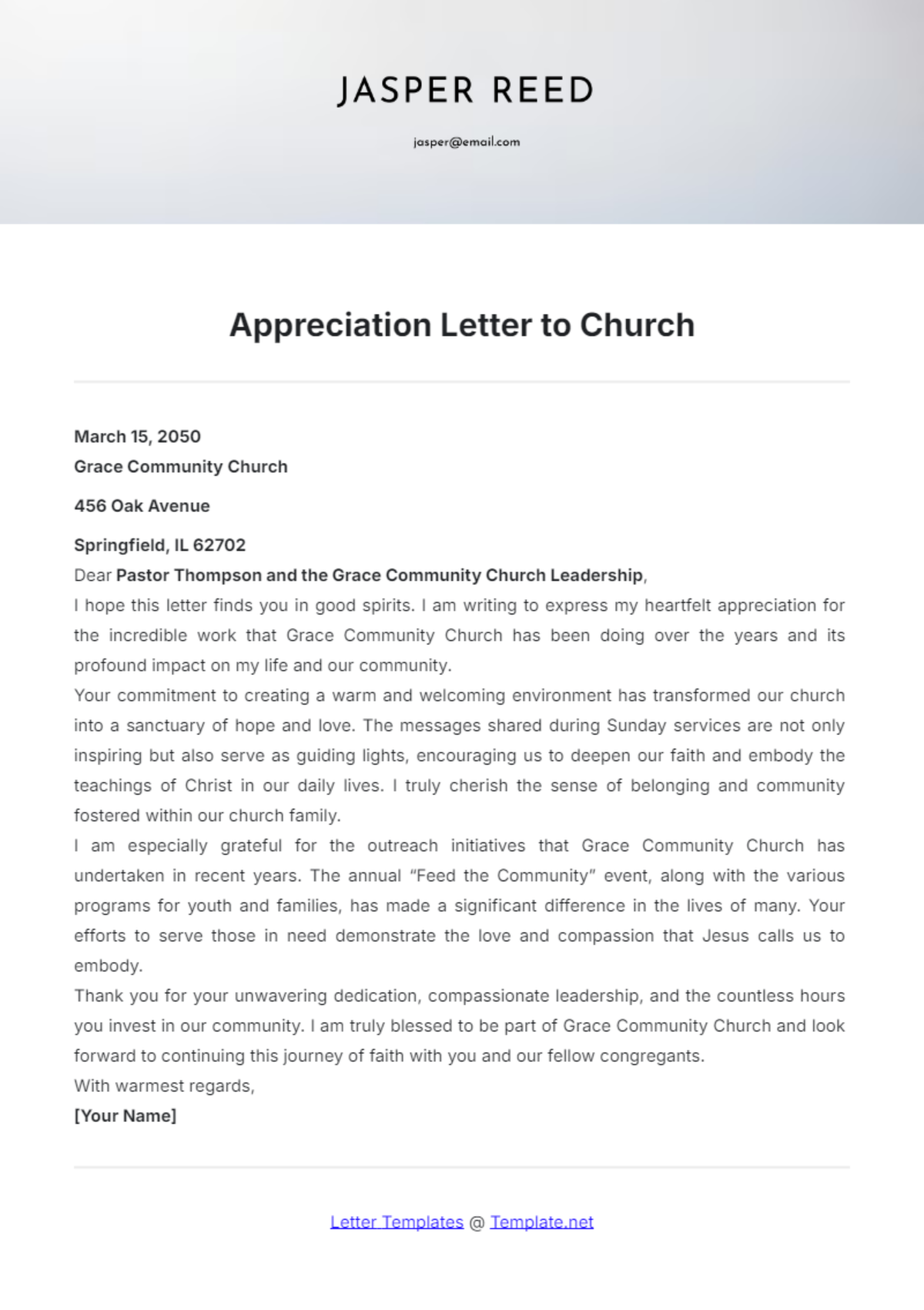 Appreciation Letter to Church Template