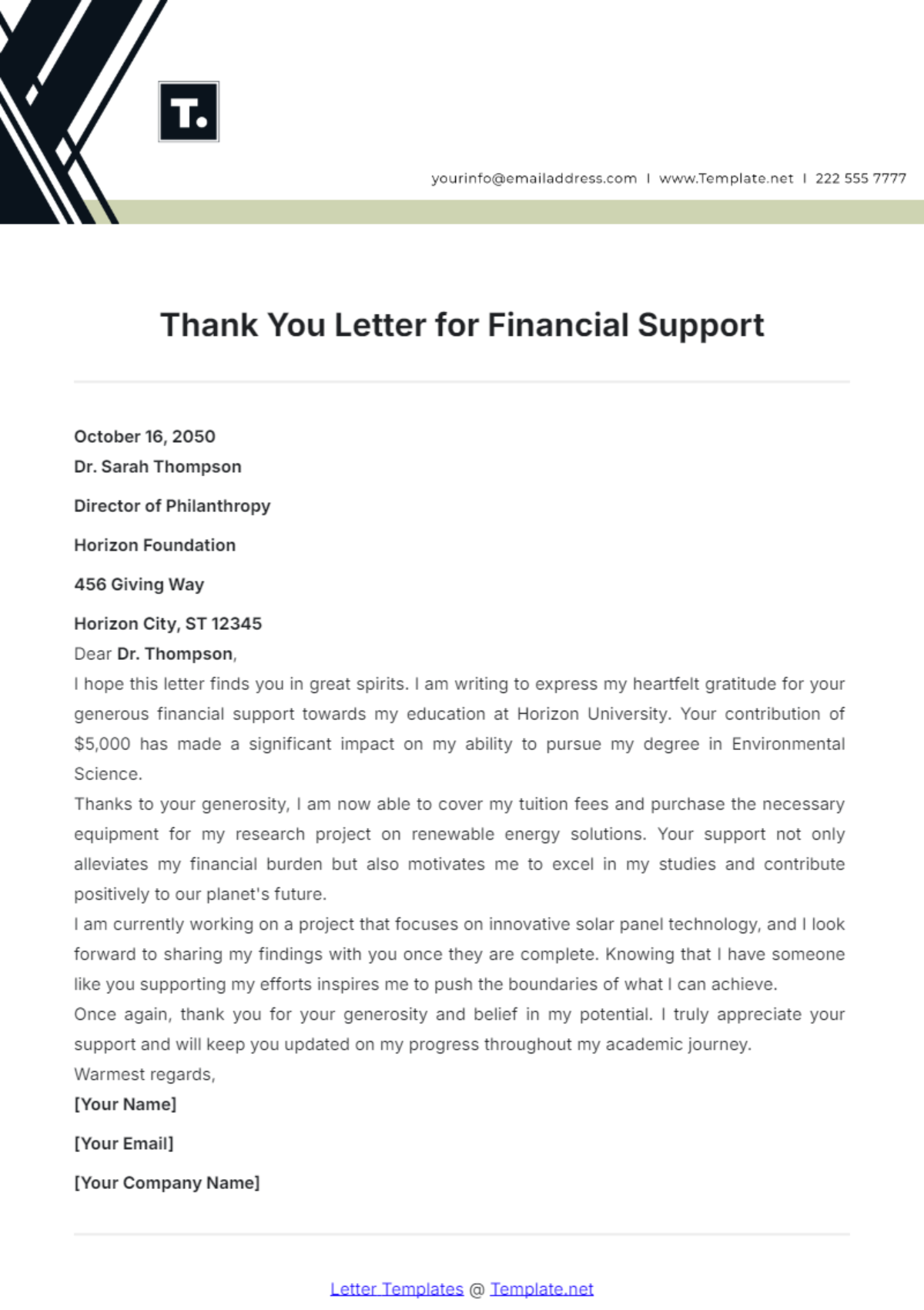 Thank You Letter for Financial Support Template